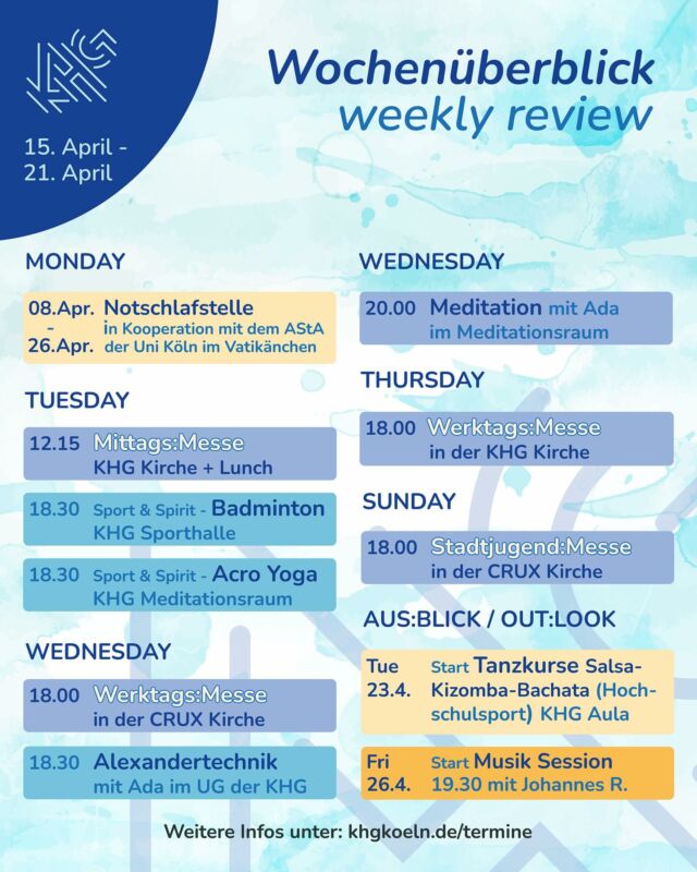 Nach einem tollen Auftakt letzte Woche starten wir auch diese Woche wieder mit unserer Mittagsmesse am Dienstag um 12.15 Uhr in der KHG Kirche mit anschließendem Lunch. 
Desweiteren begrüßt Ada euch auch im neuen Semester wieder am Mittwoch Abend zu Alexandertechnik und Meditation im UG der KHG (Anmeldung über den Hochschulsport).

Bei den Öffnungszeiten hat sich ein kleiner Fehler eingeschlichen, montags sind wir immer bis 14 Uhr für euch da. 

Wir wünschen allen einen guten Start in die neue Woche.
Euer KHG Team

#mittagsmesse #meditation #alexandertechnik #musiksession #stadtjugendmesse